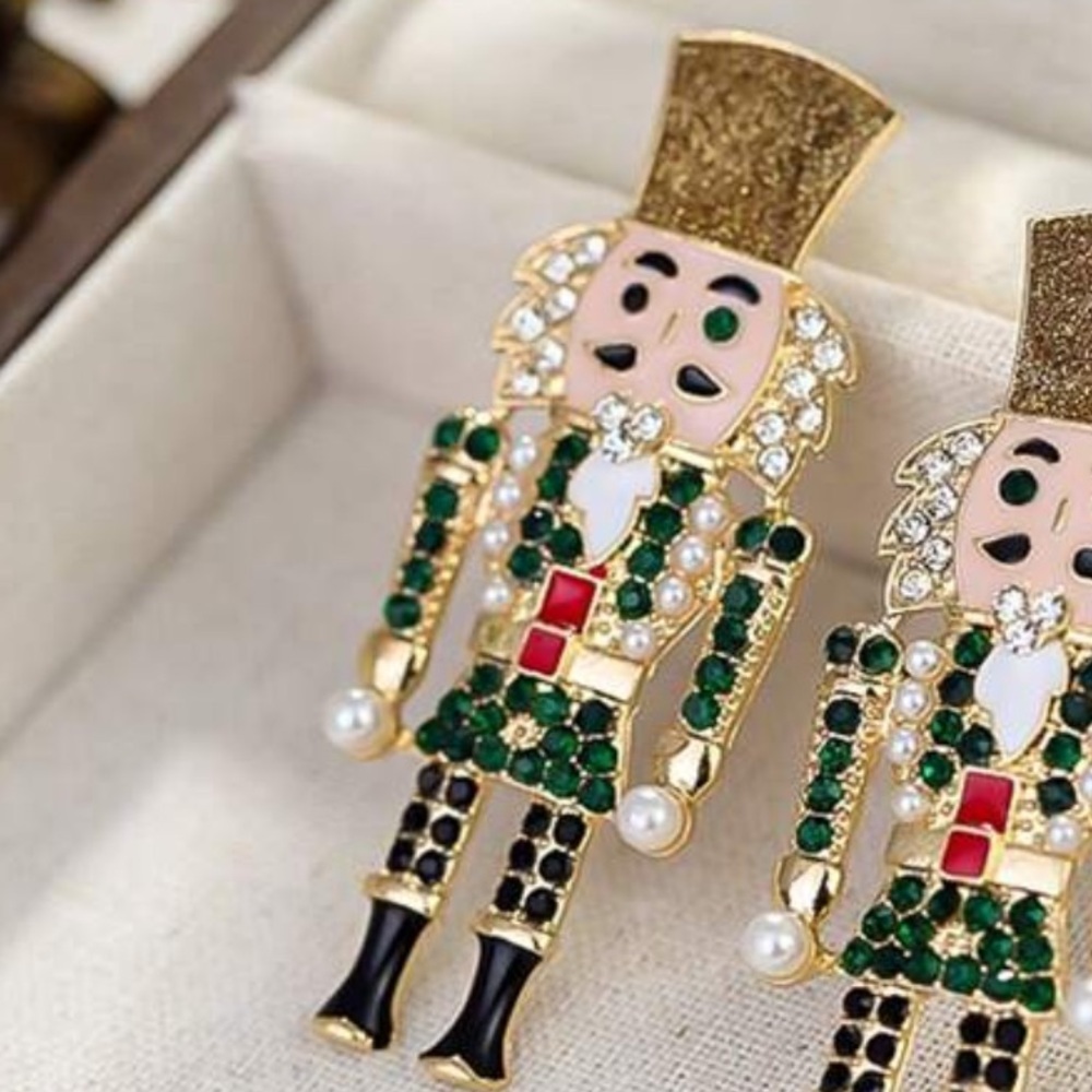 Rhinestone Christmas Nutcracker Soldier Colorful Holiday Glam Earrings - Picture 4 of 6